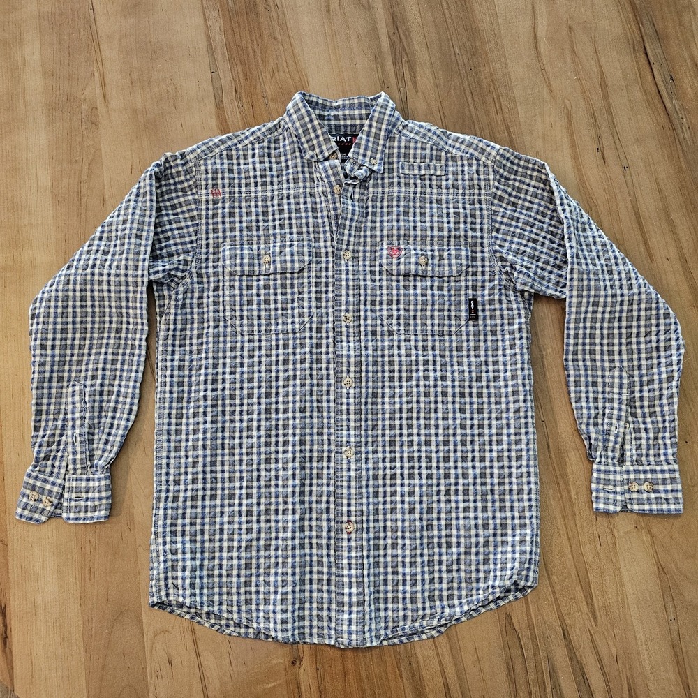 Ariat Work FR Men's M Blue Plaid Flame Resistant Long Sleeve Button Shirt OCBD